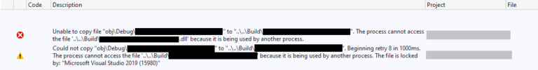 Unable to copy file…The process cannot access the file… The file is locked by: “Microsoft Visual Studio” – Simple Fix
